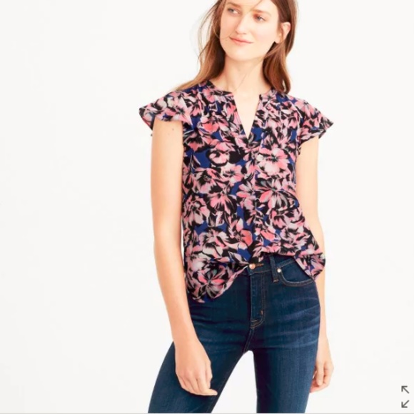 J. Crew Tops - J. Crew Flutter sleeve silk top hibiscus print -H2